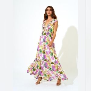 Oliphant XL floral fauna lilac ruffle v-neck maxi dress
